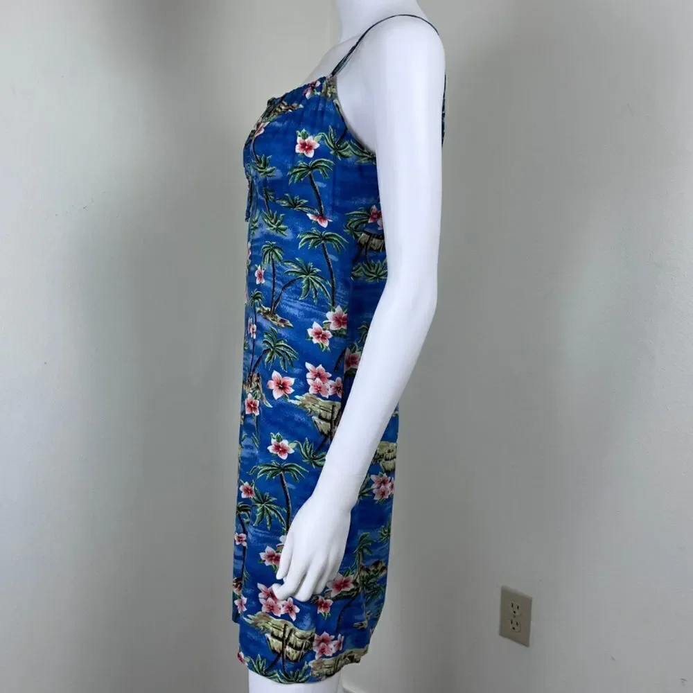 Vintage Women Size M Blue Floral Tropical Hawaiian Novelty Y2K Mini Slip Dress